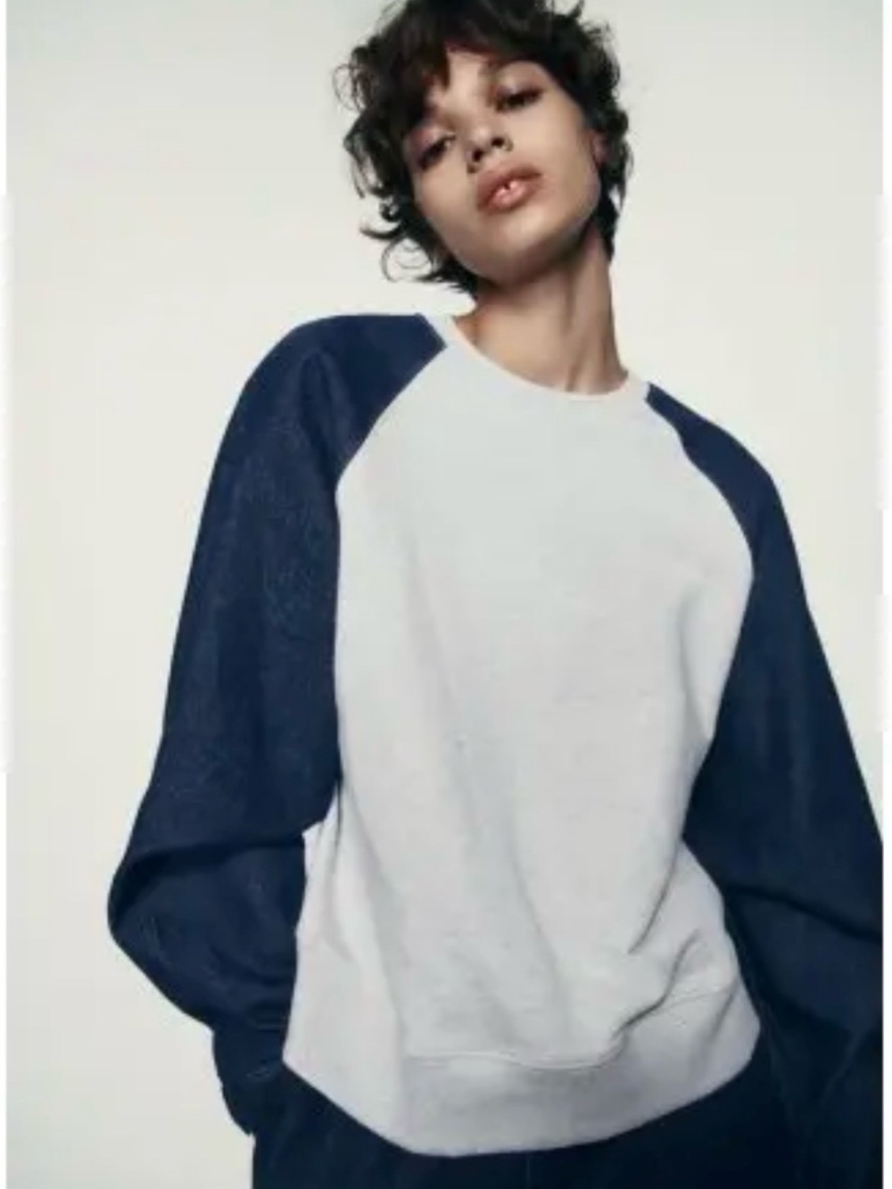 Zara Denim & Gray Oversized Slouchy Sweatshirt Chunky Streetwear Preppy SZ Med